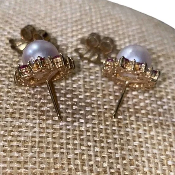 14K Stamped Yellow Gold Pearl Ruby Diamond Earrings